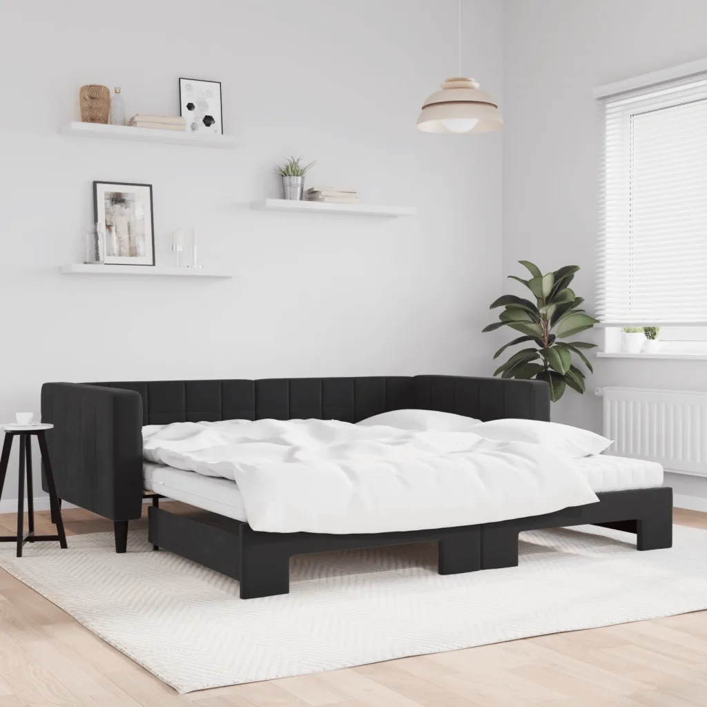 Divano Letto Estraibile con Materassi Nero 100x200 cm Velluto 3196726