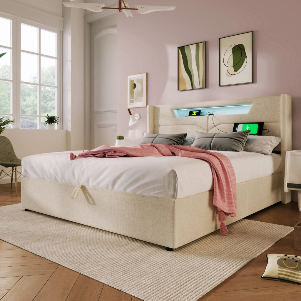 Letto imbottito 160x200 cm con contenitore; LED e USB Type C in lino beige