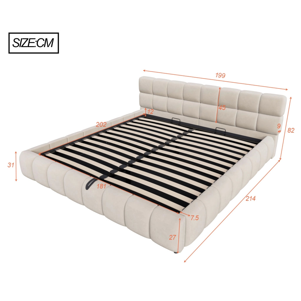 Letto matrimoniale imbottito 180x200 cm in velluto beige con contenitore idraulico e LED