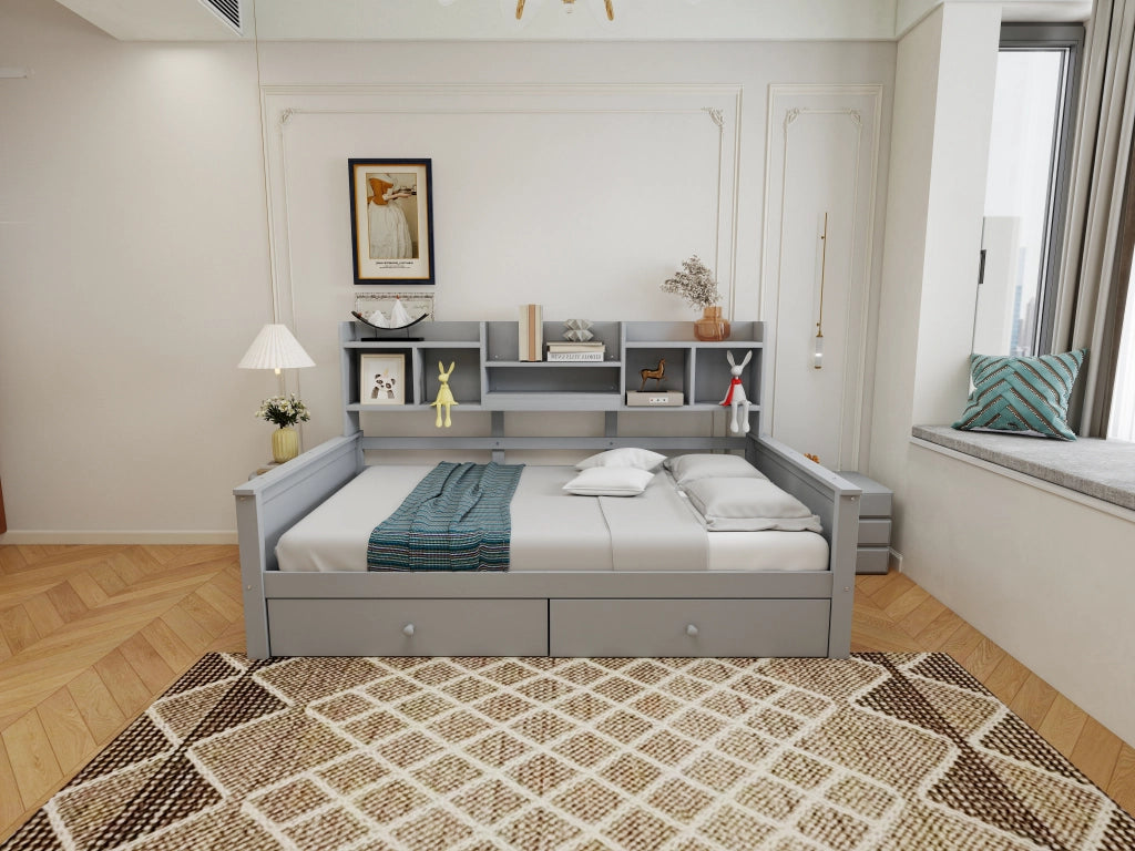Divano letto con 2 cassetti e vani portaoggetti in legno massiccio per cameretta e ragazzi, grigio 90 × 200 cm