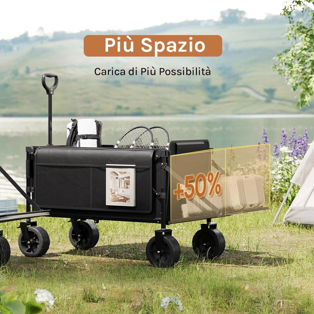 Carrello Pieghevole Portatutto, Carrellino da Giardino con Portellone Posteriore e Ruote per Tutti i Terreni con Freno, Capacità di Carico Fino a 150 kg, Nero