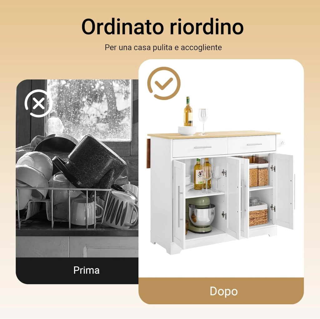 Isola Cucina con Ruote, Tavolo Estensibile in Legno, Mobile Cucina con 2 Cassetti, Penisola Cucina Salvaspazio, Credenza Multifunzione per Piccole Cucine Bianco 113 x (44–69) x 91 cm FKW129-WN