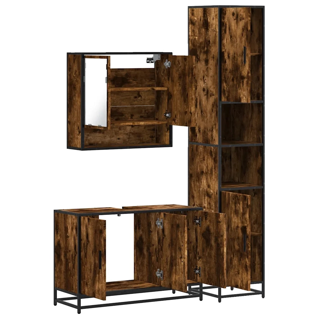 Set Mobili da Bagno 3 pz Rovere Fumo in Legno Multistrato