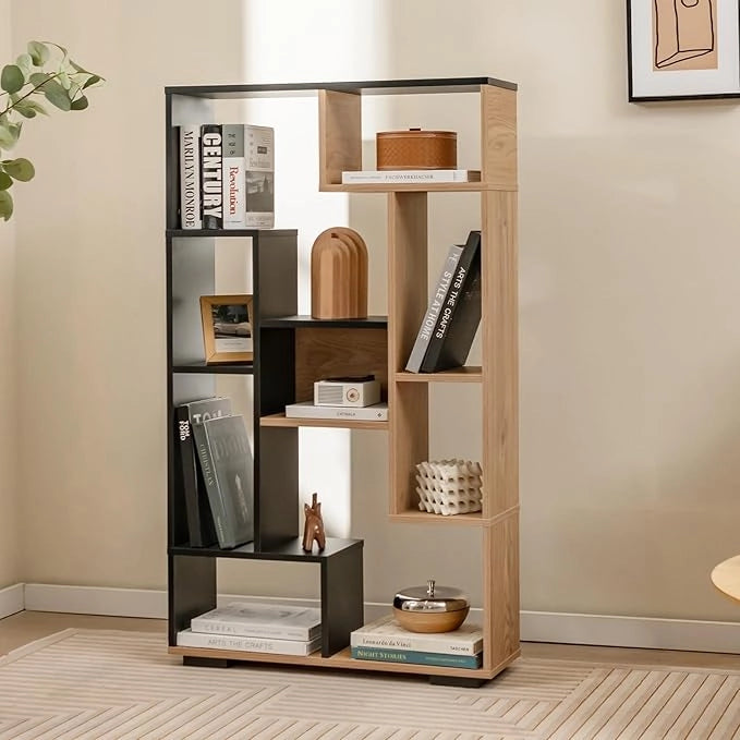 Libreria Geometrica 120 cm, Scaffale per Libri con Ripiani Aperti, Scaffale da Esposizione Moderno con Kit Anti-ribaltamento, Ideale per Casa Ufficio o Soggiorno (Nero+Marrone)