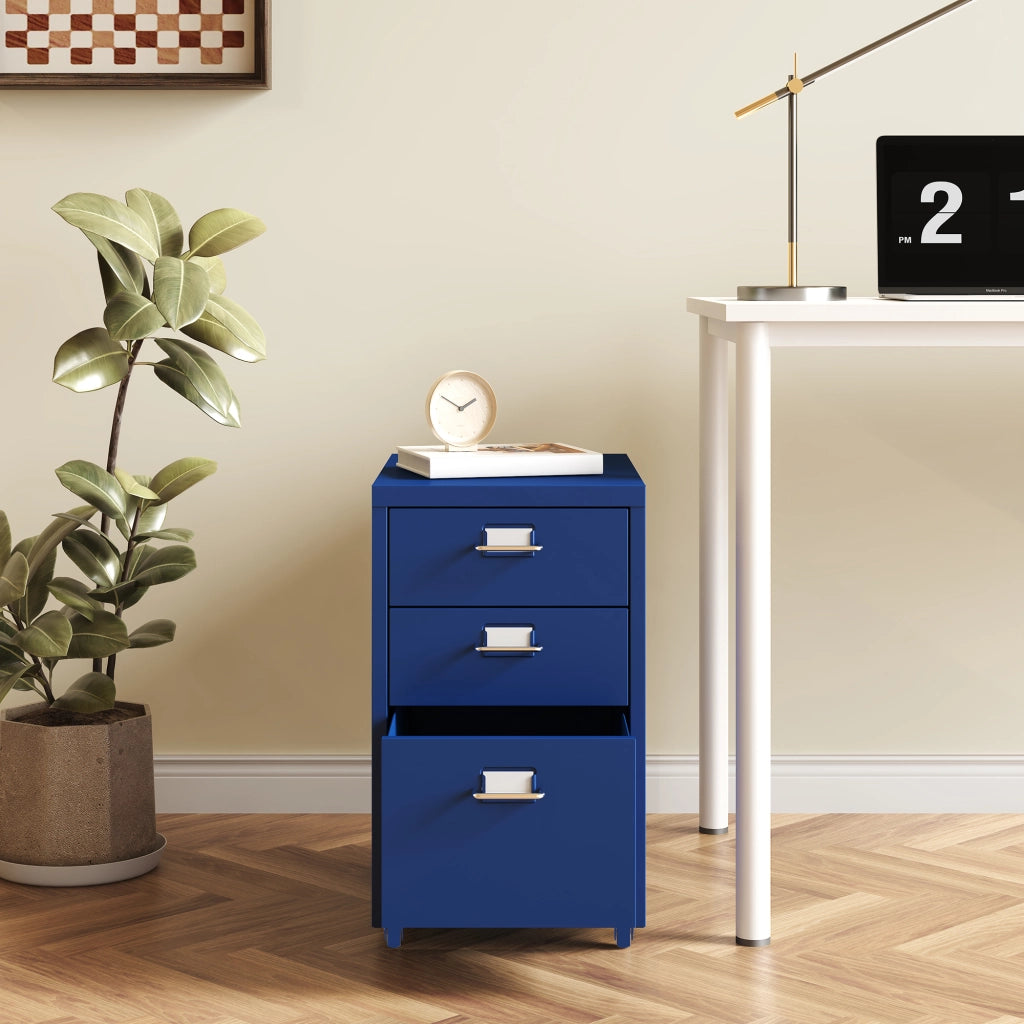 Cassettiera Kökar in Acciaio Mobile Archivio con 3 Cassetti e Rotelle - Blu [en.casa]