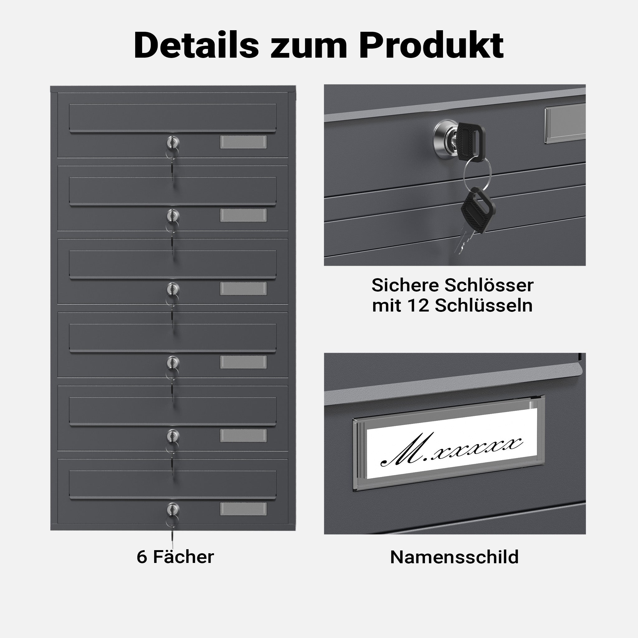 Cassetta postale condominiale autoportante 6 posti, 1 modulo, antracite 556 x 270 x 1500 mm
