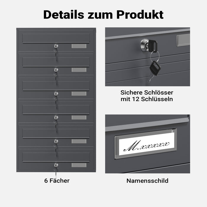 Cassetta postale condominiale autoportante 6 posti, 1 modulo, antracite 556 x 270 x 1500 mm
