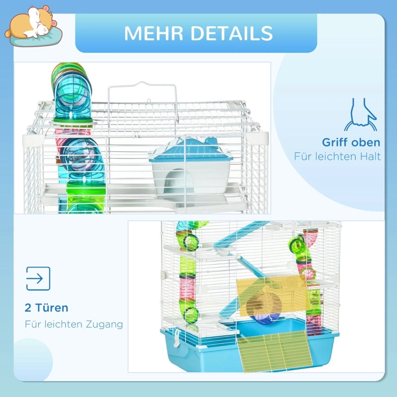 Gabbia per piccoli animali a 5 livelli con rampa ruota ciotola e borraccia in plastica azzurro 59 × 36 × 69 cm