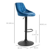 Set 2 Sgabelli da Cucina di Design con Schienale e Poggiapiedi, Seduta in Velluto e Base in Metallo, 46x48x83-104cm, Blu