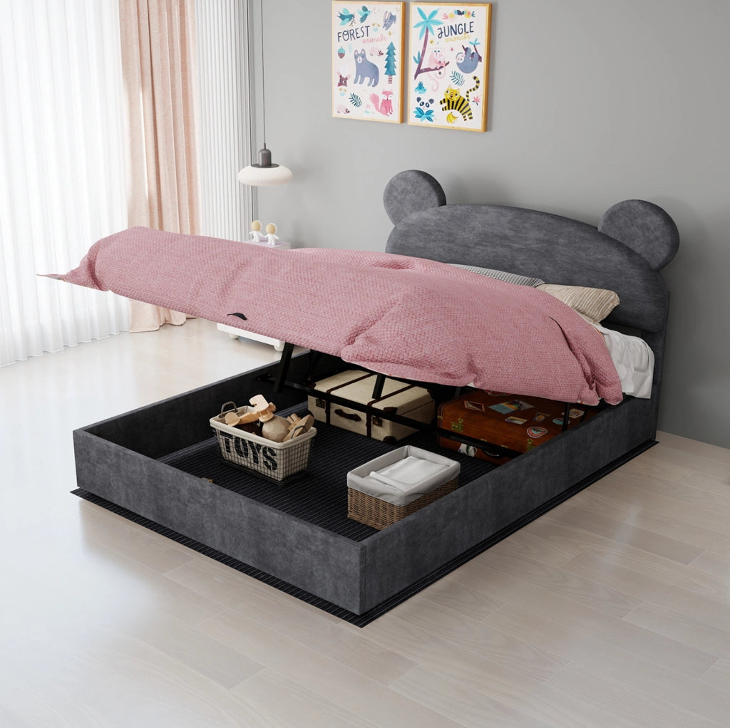 Letto imbottito 140x200 cm con contenitore a sollevamento pneumatico; testiera sagomata grigia