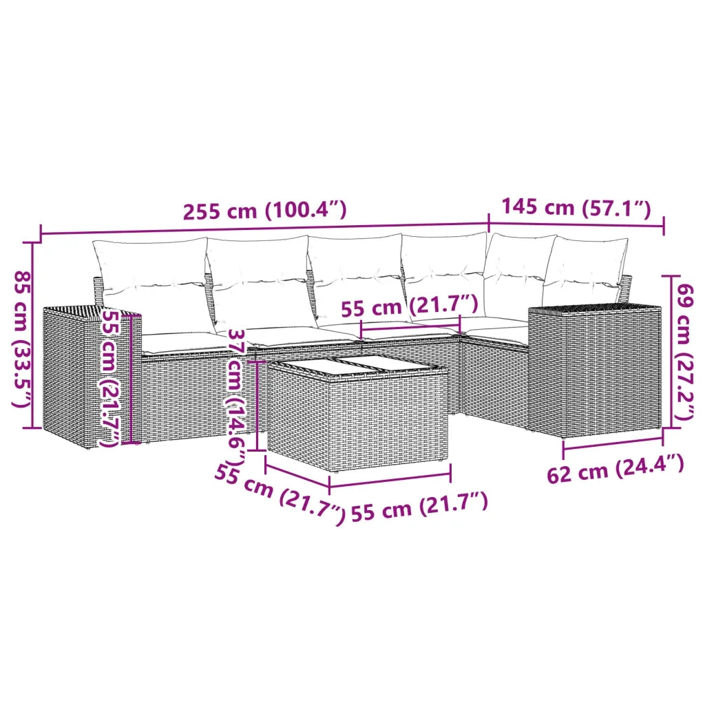 Set Divano da Giardino 6 pz con Cuscini Nero in Polyrattan