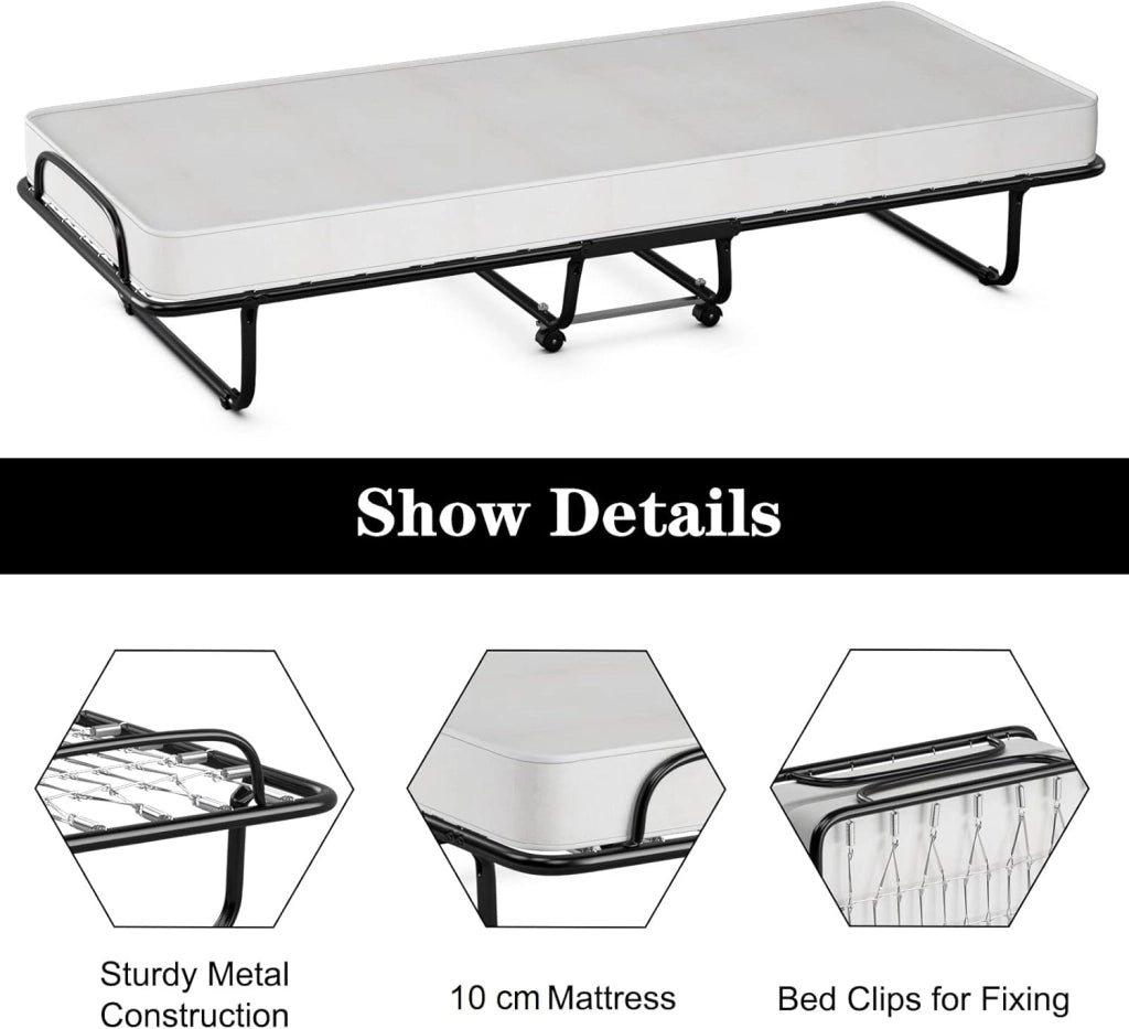 Letto Singolo Pieghevole, Portata di 120 kg, Letto Pieghevole con Materasso e 4 Ruote, 4 Gambe in Mettallo, Fibbia Fissata, 80 x 190 cm, Materasso di 10 cm, Ideale per Viaggio e di Riserva