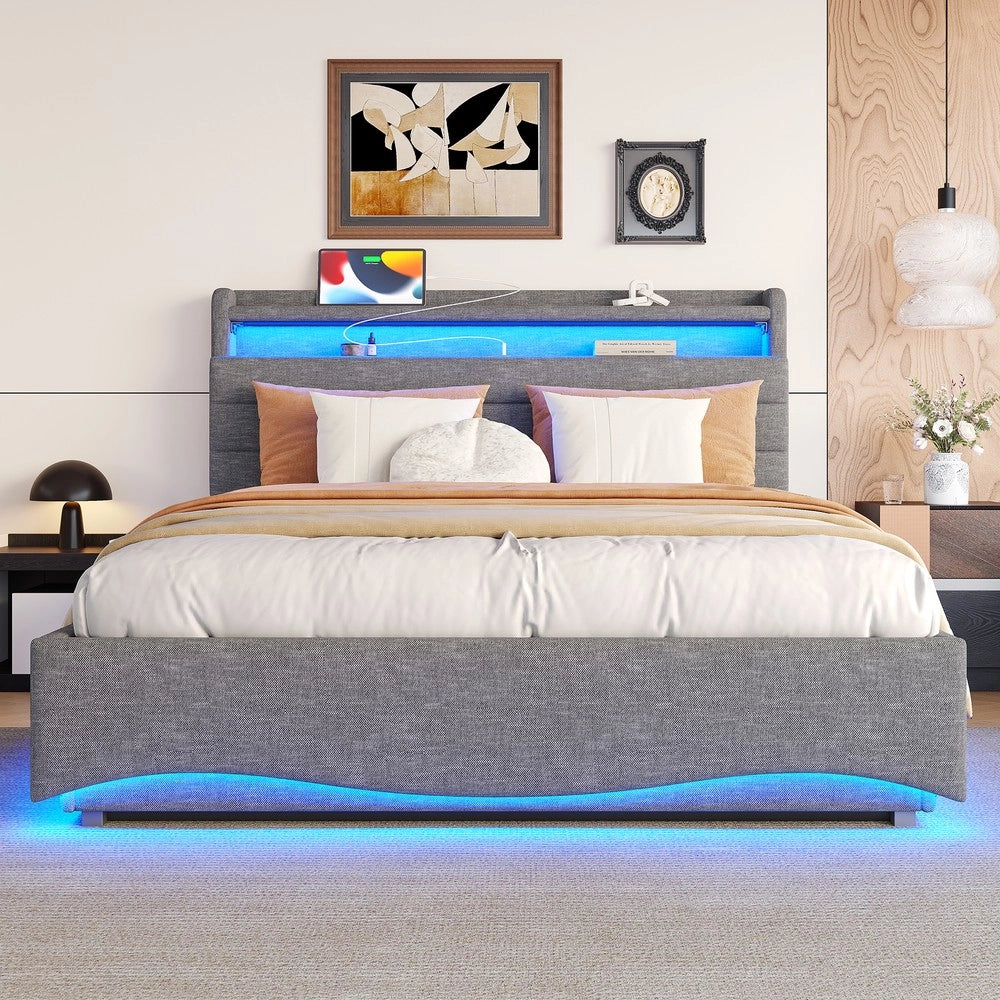 Letto Imbottito Contenitore con LED ¨C MINIMAL ¨C Tessuto Grigio 140x200 Idraulico