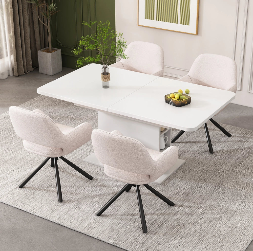 Set di 4 sedie da pranzo girevoli con braccioli in sherpa bianco