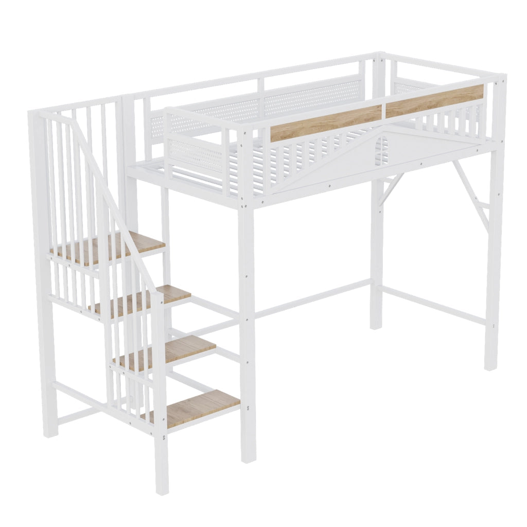 Letto a castello in metallo e legno bianco con recinzione di sicurezza e finestra 90x200 cm