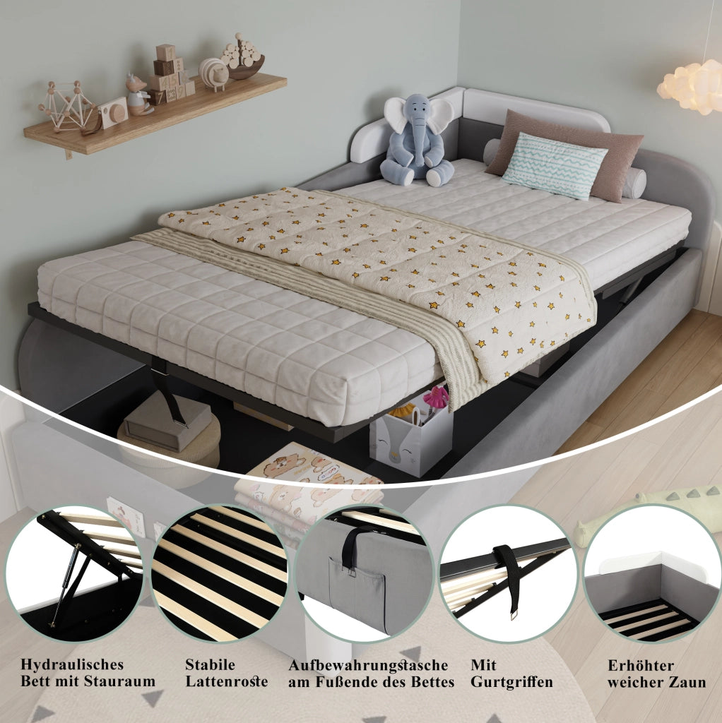 Letto imbottito per bambini con contenitore idraulico; velluto; 90x200 cm