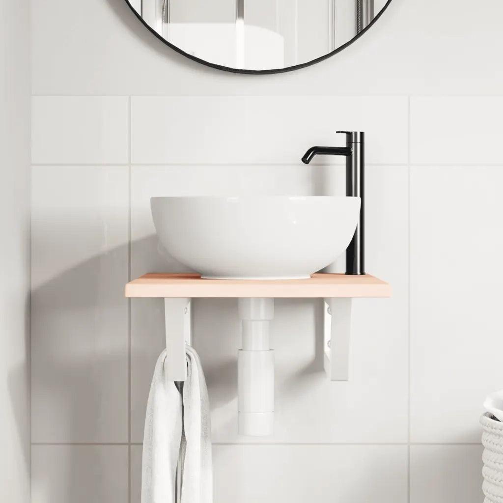 Ripiano a Parete per Lavabo in Acciaio e Massello di Rovere