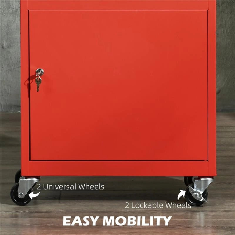 CARRELLO PORTA ATTREZZI 2 IN 1 CON CASSETTA RIMOVIBILE E ARMADIETTO CON CHIAVE IN ACCIAIO, ROSSO