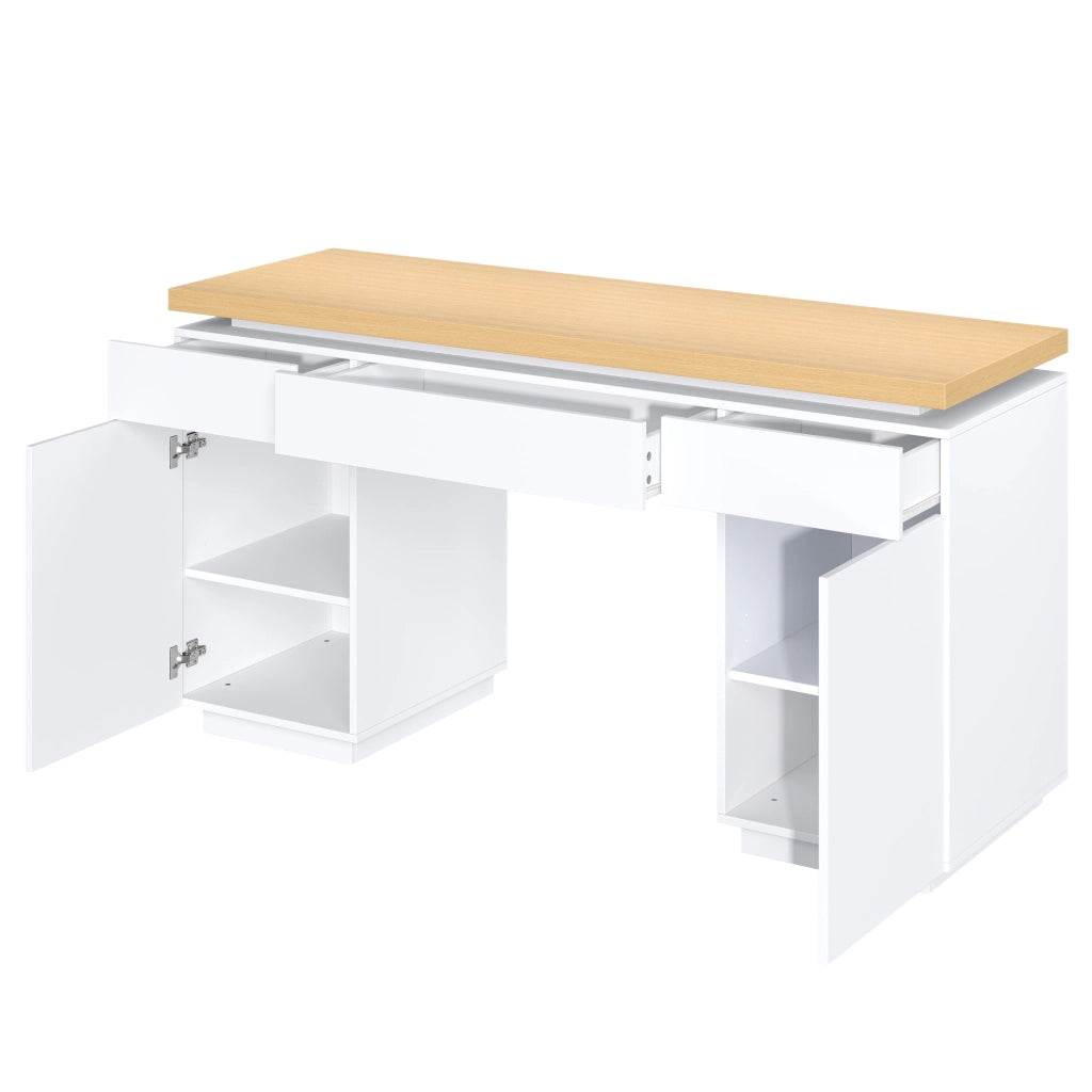 Scrivania con LED multicolore; 140 x 50 cm; 3 cassetti e 2 ante; MDF bianco e rovere