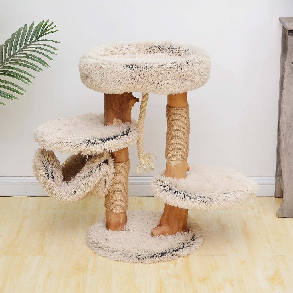 Fudajo Albero tiragraffi di design 87,5 cm con peluche e tronco in legno di pero