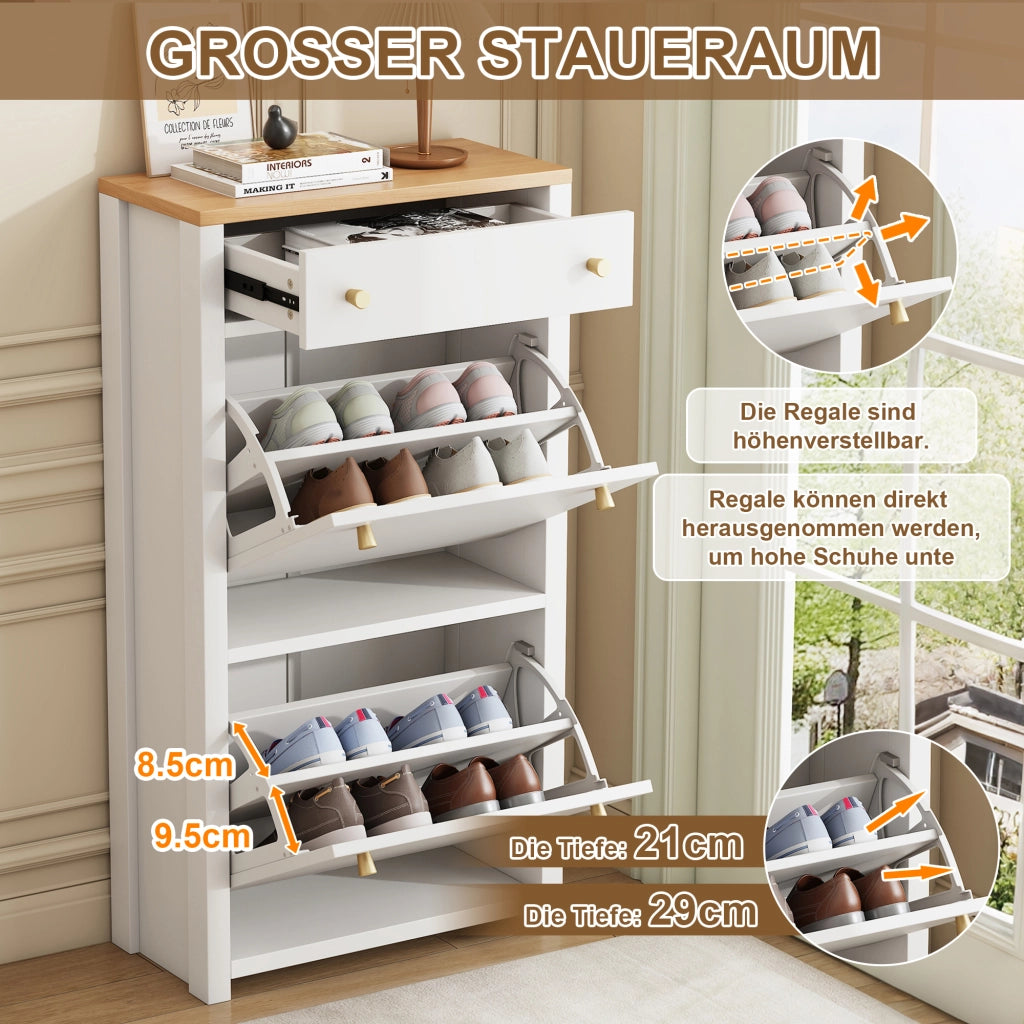 Scarpiera slim con 2 ante a ribalta, cassetto e ripiani regolabili, per ingresso, in MDF, bianco effetto legno, 50 × 25 × 95 cm