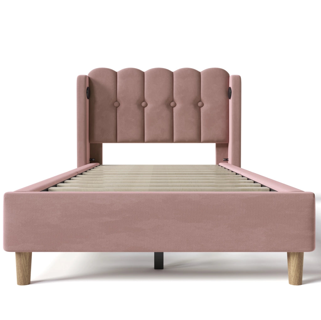 Letto imbottito ULEVR 90x200 cm in velluto rosa con testiera a pannelli e porte USB e Type-C