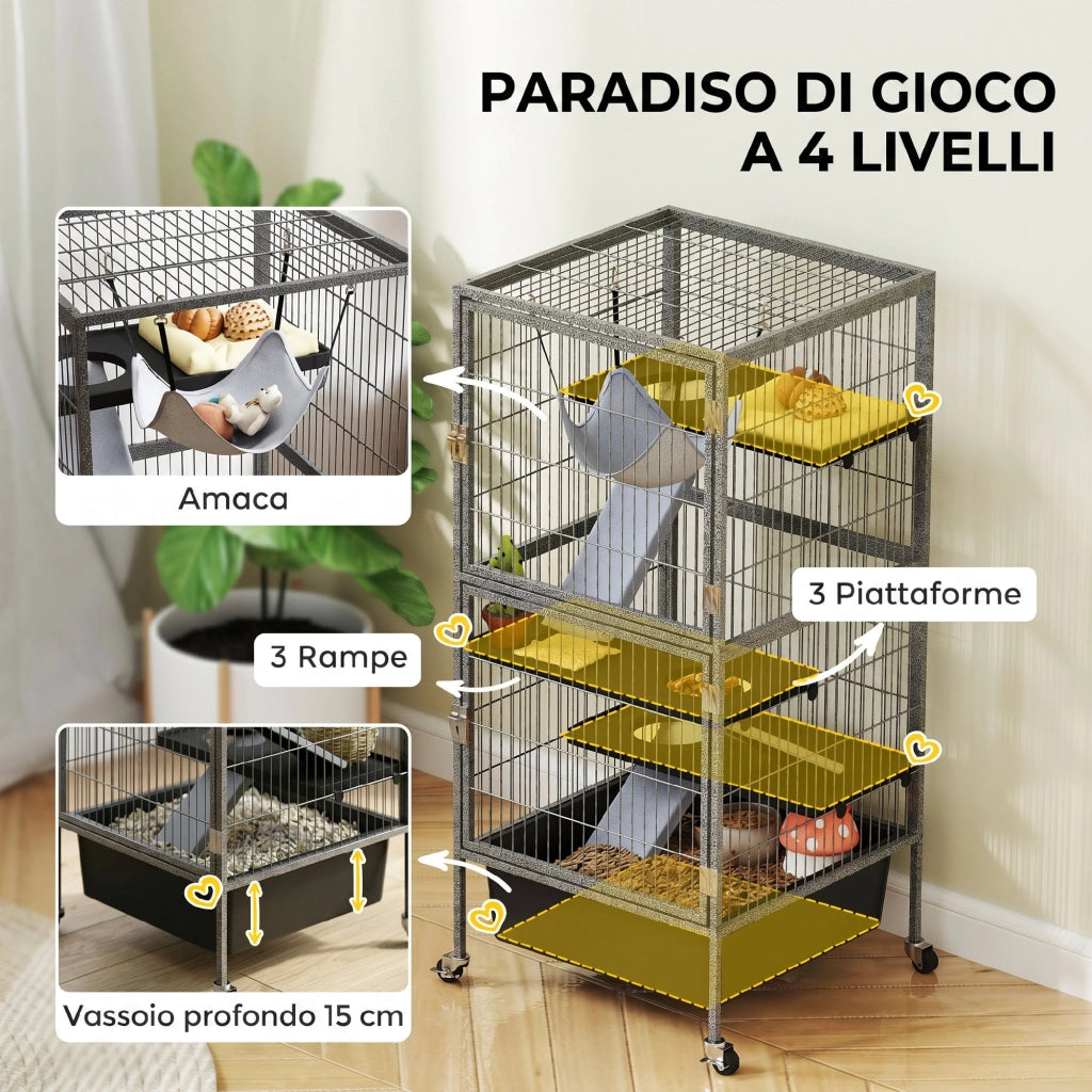 Gabbia per Piccoli Animali a 4 Livelli con Rampe, Piattaforme, Amaca e Ruote, 52x52x115 cm, Grigio
