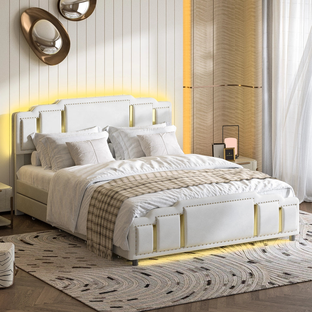 Letto matrimoniale 140 × 200 cm con 4 cassetti, LED regolabile, rivestimento in velluto, senza materasso, beige