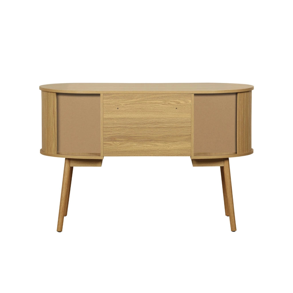 Scrivania ovale con effetto legno scanalato e due vani portaoggetti,