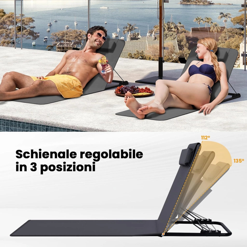 Set di 2 Lettino da Spiaggia Prendisole Pieghevole, Schienale Regolabile in 3 Angolazioni, con Poggiatesta, Sdraio da Spiaggia, in Oxford e Metallo, Grigio Scuro