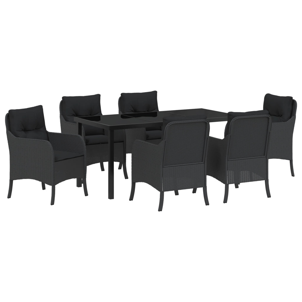 Set da Pranzo da Giardino da 7 Pezzi con Cuscini in Rattan Poliestere Nero
