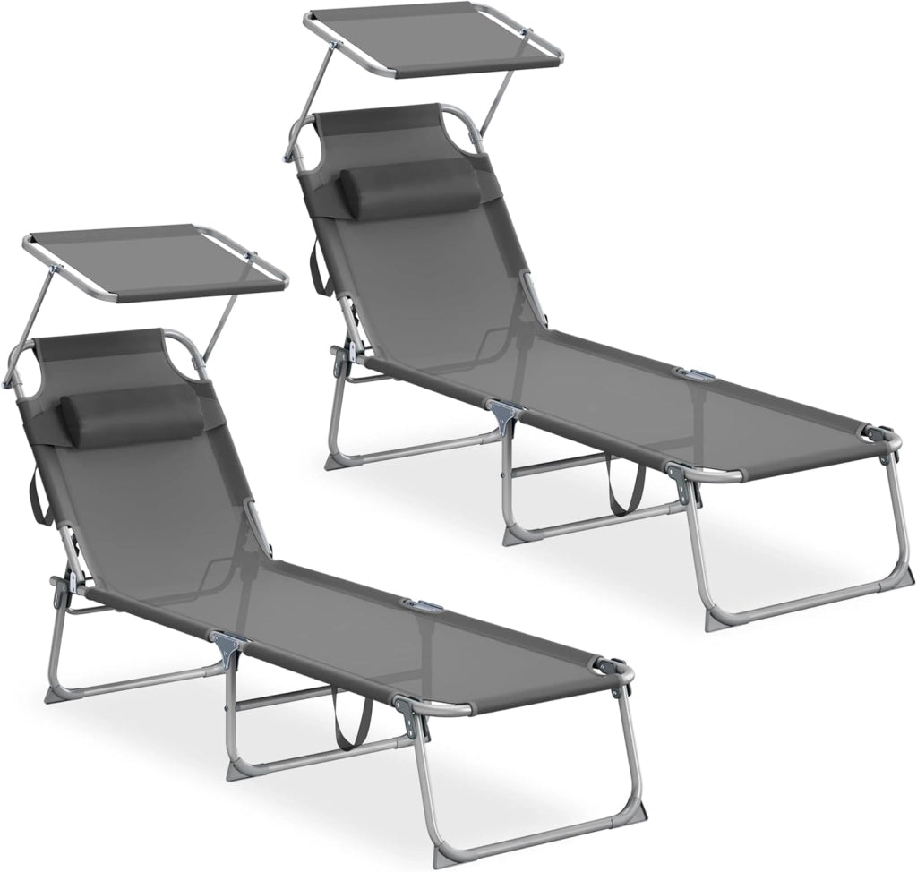 SONGMICS Set da 2 Sedie a Sdraio Pieghevoli, 189 x 53 x 28,5 cm, con Cusicni, Lettini Prendisole, Portata 110 kg Ciascuno, Parasole e Schienale Regolabili, per Terrazza e Balcone, Beige GCB292WZ02