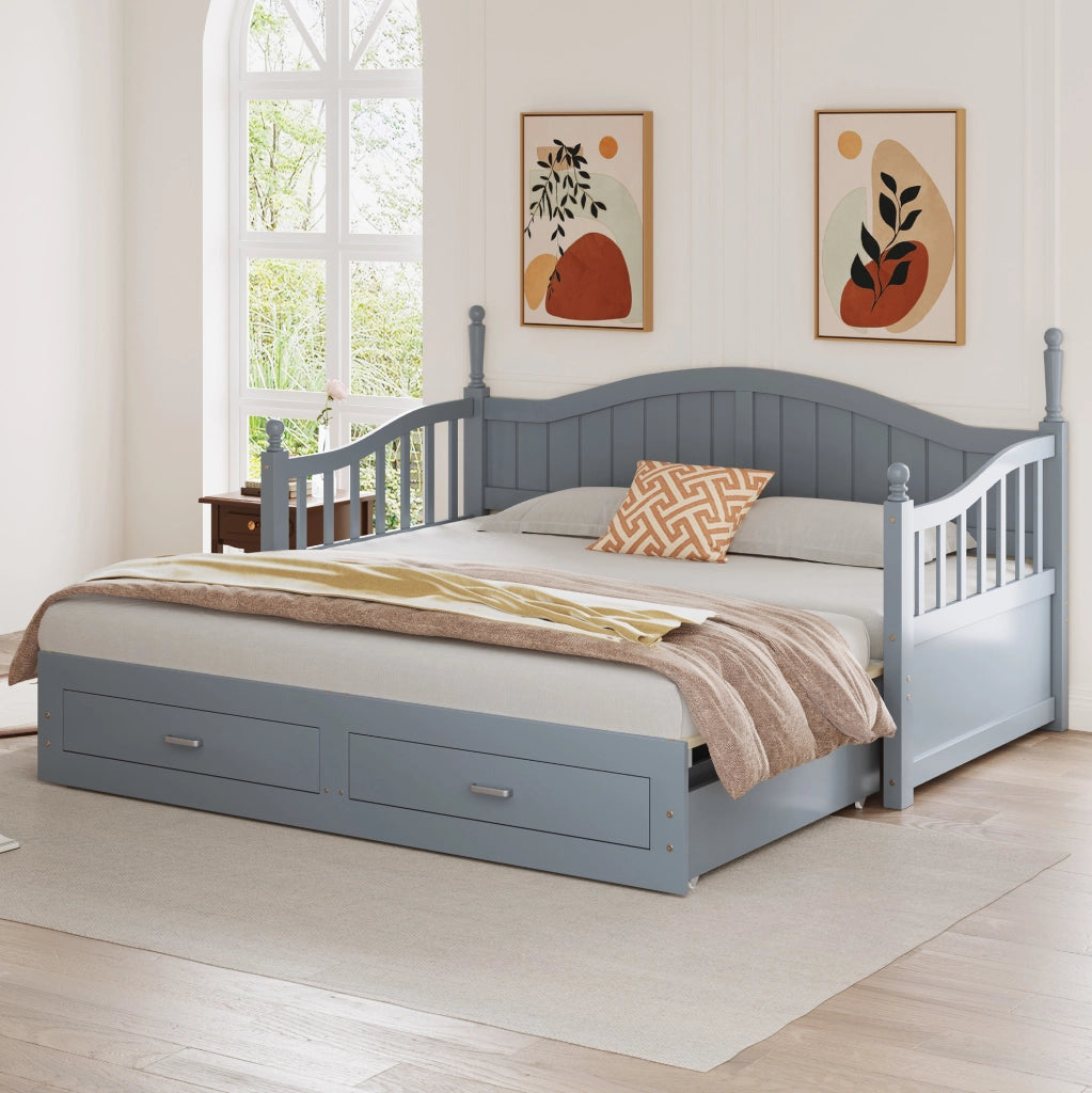 Divano letto estraibile 90/180x190 cm con 2 cassetti; legno di pino grigio