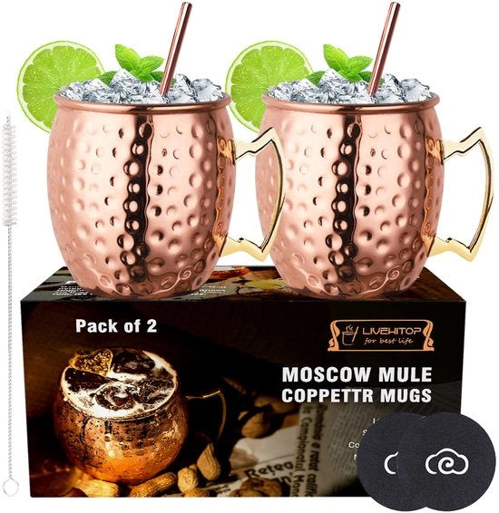 Set di Moka di Coperchio in Rame da 2, 19,5 Oz con Sottopiatto e Apripét per Cocktail, Vino, Bevande Fredda, Bar, Festa, Regali