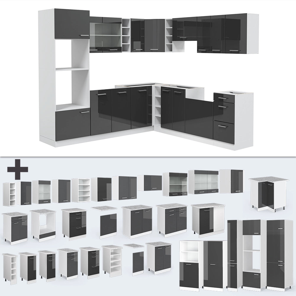 Cucina angolare completa R-Line Antracite lucido/Bianco 247 x 237 cm, PL Marmo Vicco