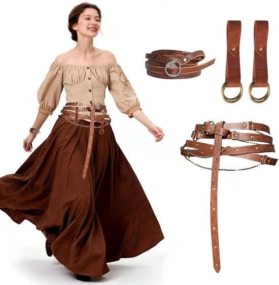 Riem Medievale - Cintura Adattabile in Pelle - Cinturone per Donna - Accessori per Cosplay - Ideale per LARP/Fantasy - Forma Comoda - Cintura a Toppa