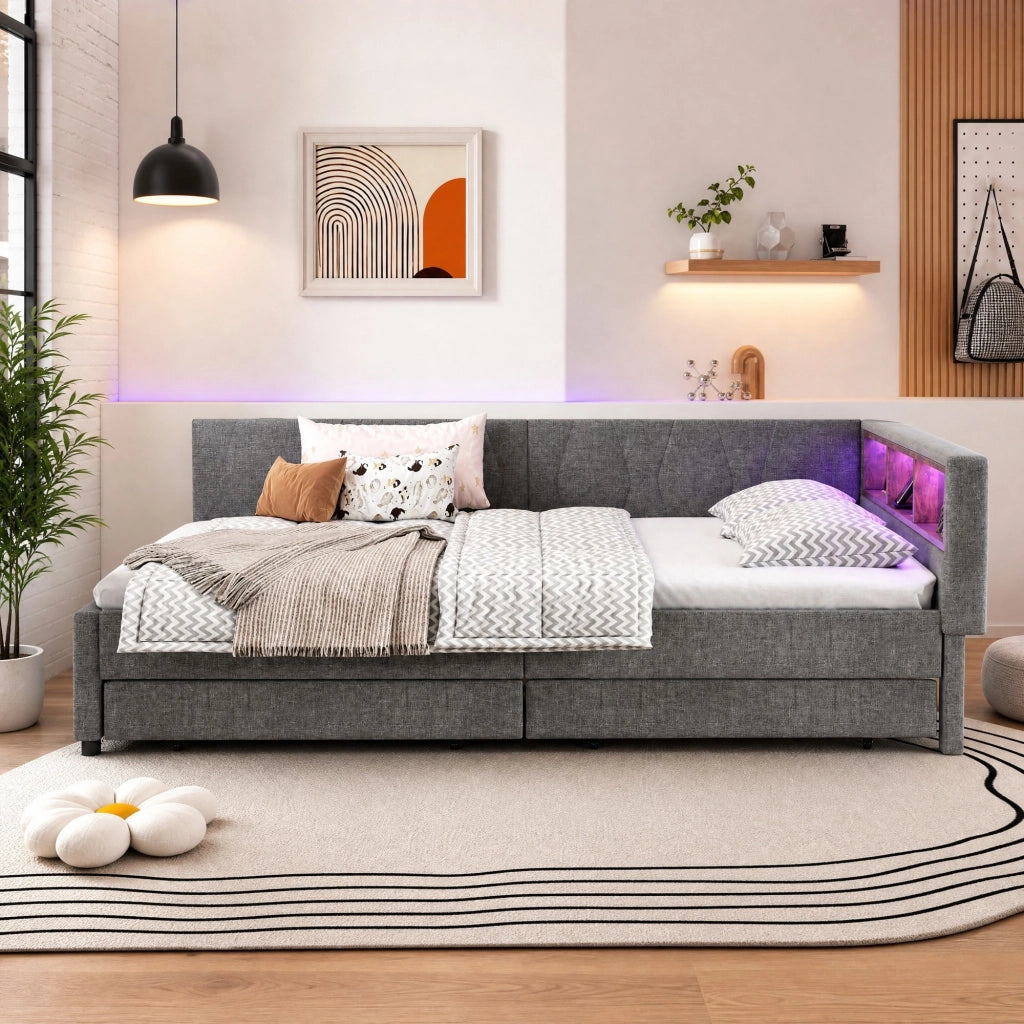 Letto da giorno 140x200 cm grigio con LED, USB-C e cassetti