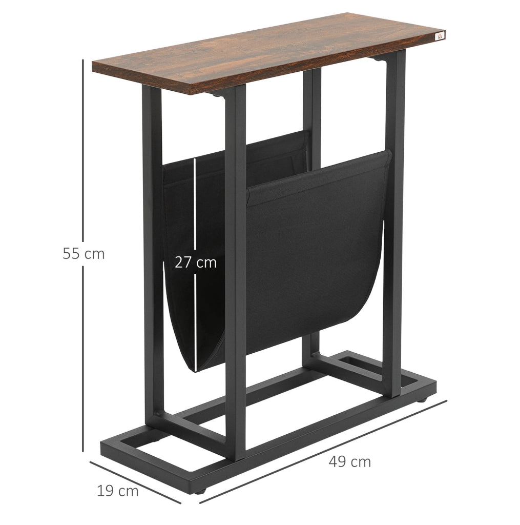 Tavolino laterale 49x19x55 cm con tasca portaoggetti; struttura in acciaio; poliestere marrone scuro
