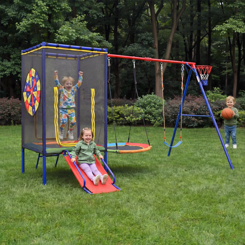 Area giochi con trampolino rete sicurezza scivolo doppia altalena e canestro in ferro multicolore 336 × 217 × 198 cm