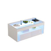 TAVOLO da caffè 100x50x40 cm Bianco con LED, 2 cassetti, vetro temperato