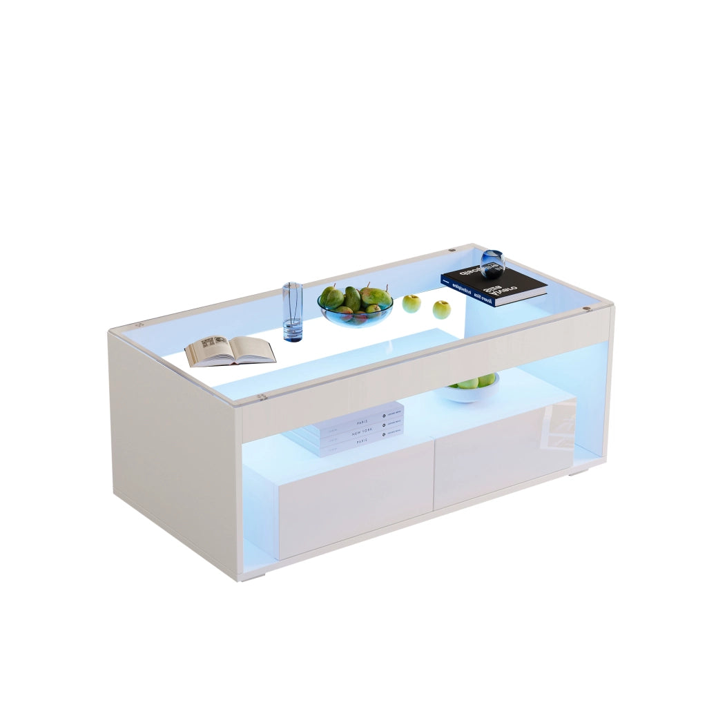 TAVOLO da caffè 100x50x40 cm Bianco con LED, 2 cassetti, vetro temperato