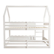 Letto a castello per bambini singolo con design a casetta; barriere di sicurezza e porta pieghevole 90×200 cm; senza materasso