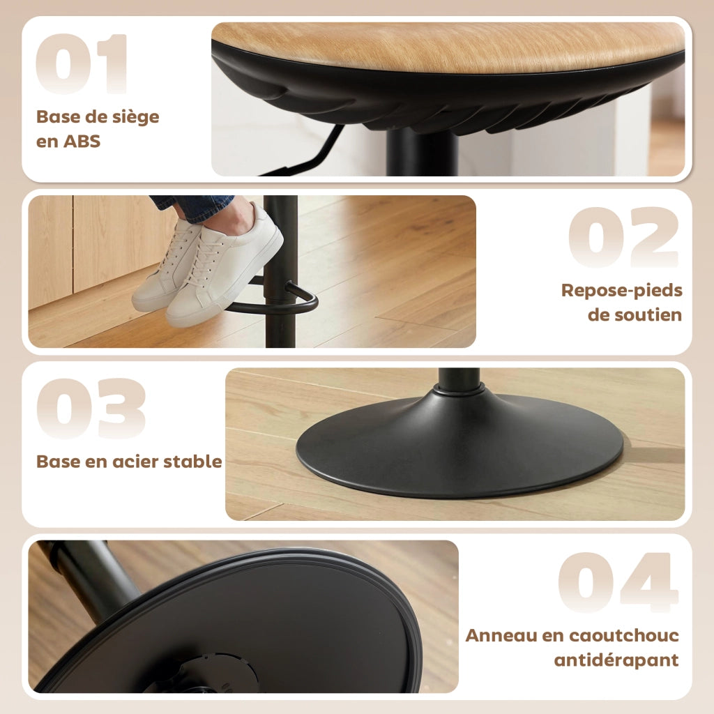 Sgabello da Bar Regolabile con Poggiapiedi e Base Rotante 360¡ã ¨C Zephmum ¨C Legno di Quercia, Acciaio