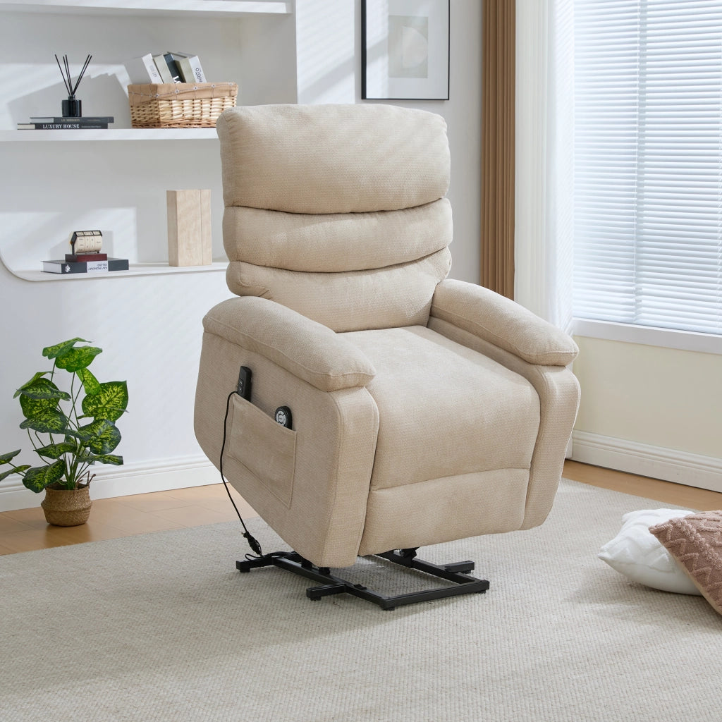 Poltrona Relax Elettrica Massaggiante con Alzapersona ¨C MINIMAL ¨C Reclinabile, Poggiapiedi, Tessuto Kaki Chiaro