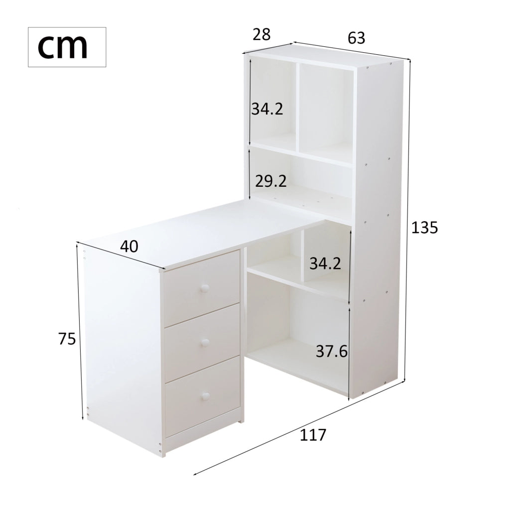 Scrivania angolare 117x63x135 cm bianca in legno; 4 ripiani e 3 cassetti