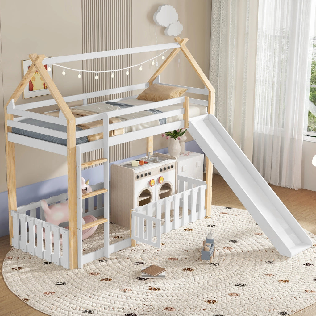 Etagenbett con scivolo bambini pino MDF compensato 90x200 cm