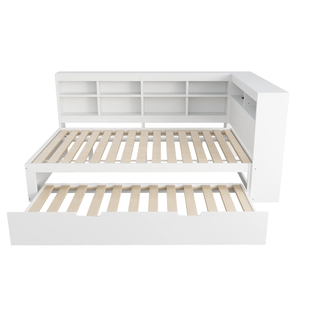 OKWISH Letto a Scomparsa 140×200 cm e 90×190 cm, Letto 3 Posti con USB, Vani Portaoggetti e Contenitori, senza Materasso, in Legno, Bianco