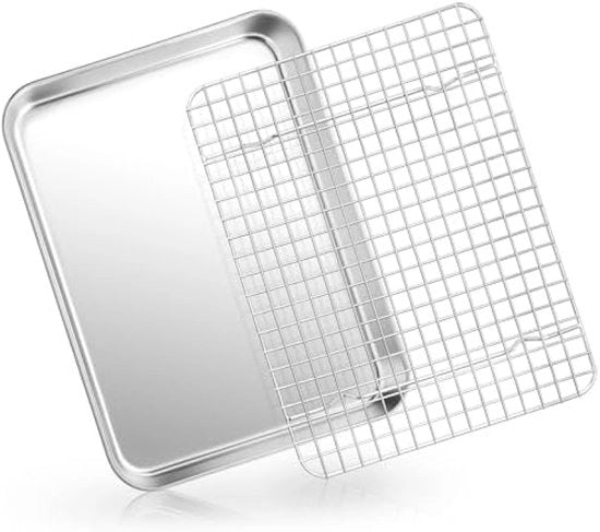 Piastrelle per forno con griglia di raffreddamento - Acciaio inossidabile - 31,6 x 24,5 x 2,5 cm - Inclusa griglia di raffreddamento - Adatto per forno - Resistente al lavastoviglie