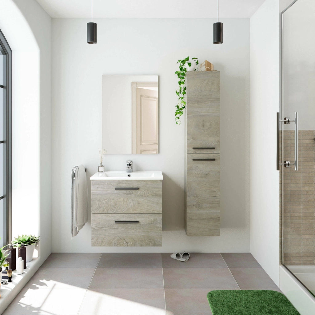 Mobile sottolavabo Affa, Mobiletto per bagno a 2 cassetti, Armadietto sospeso con specchio, lavabo non incluso, cm 60x45h67, Rovere