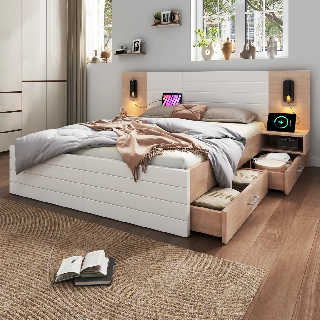 Letto matrimoniale 140 × 200 cm con 2 cassetti, lampada da lettura orientabile e USB, con materasso, bianco rovere